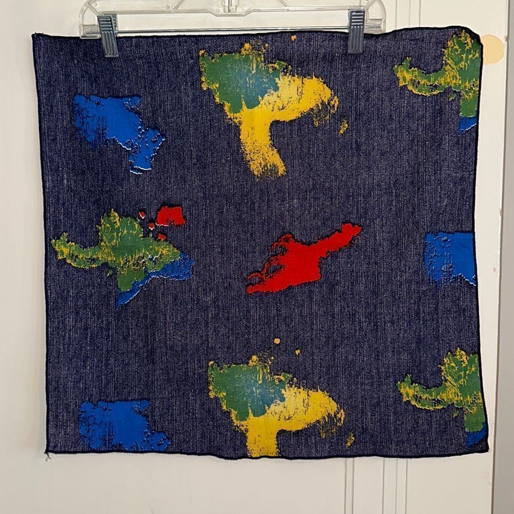 Vintage 70s denim look cotton/polyester blend scarf with paint splotches